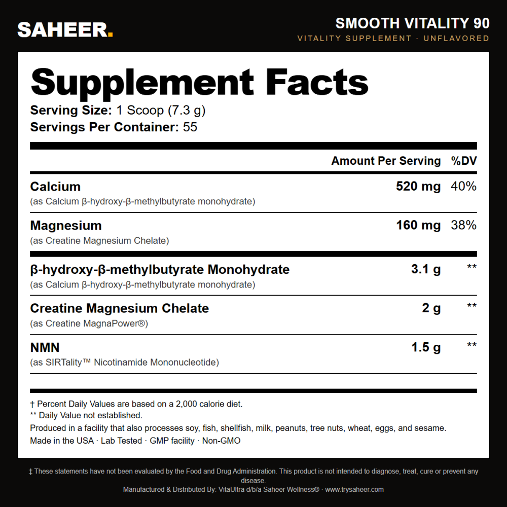 SMOOTH Vitality 90 Supplement Facts label